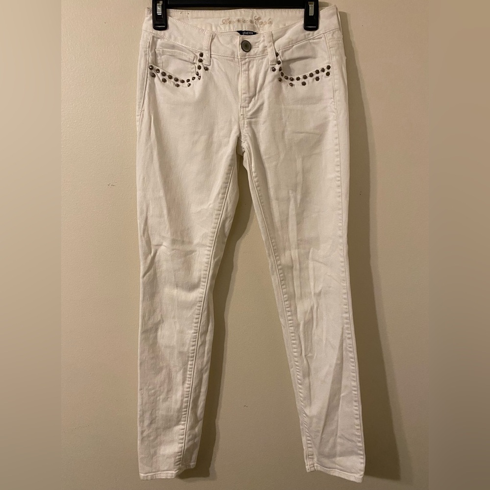 Women's American‎ Eagle White Wash Studded Pocket Skinny Jeans Size 2 31" Inseam
